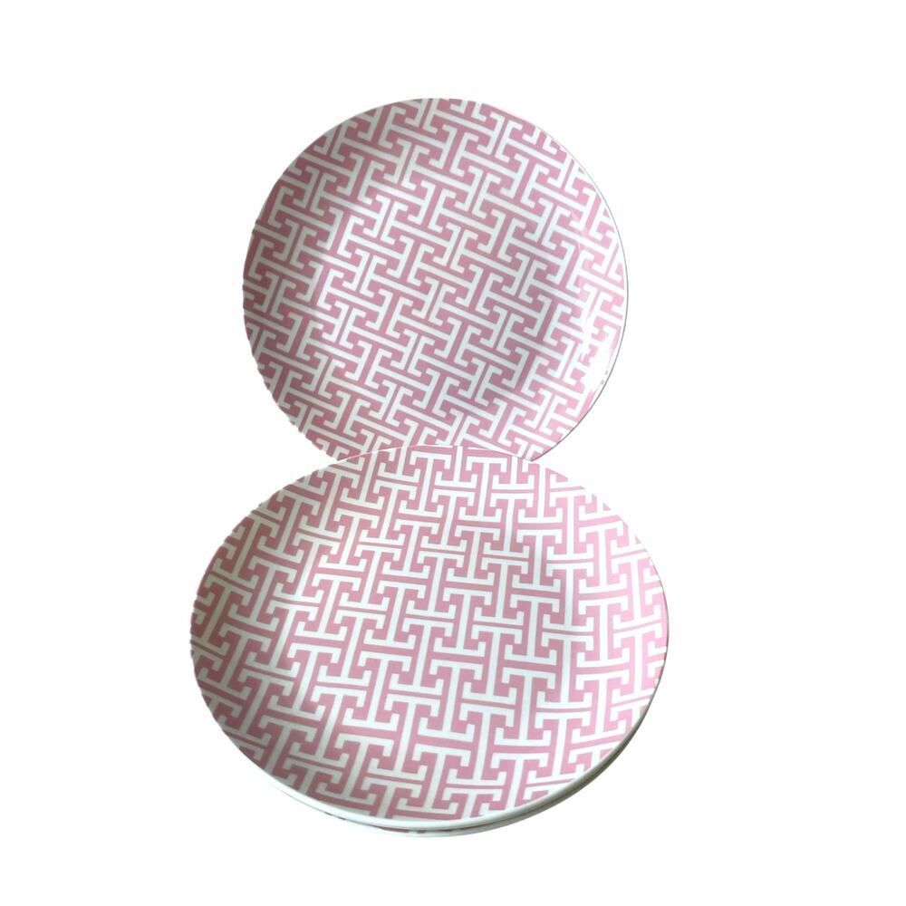 Godinger Porcelain Appetizer Plates 8.25" Pink & White Geometric Set of 4 NEW